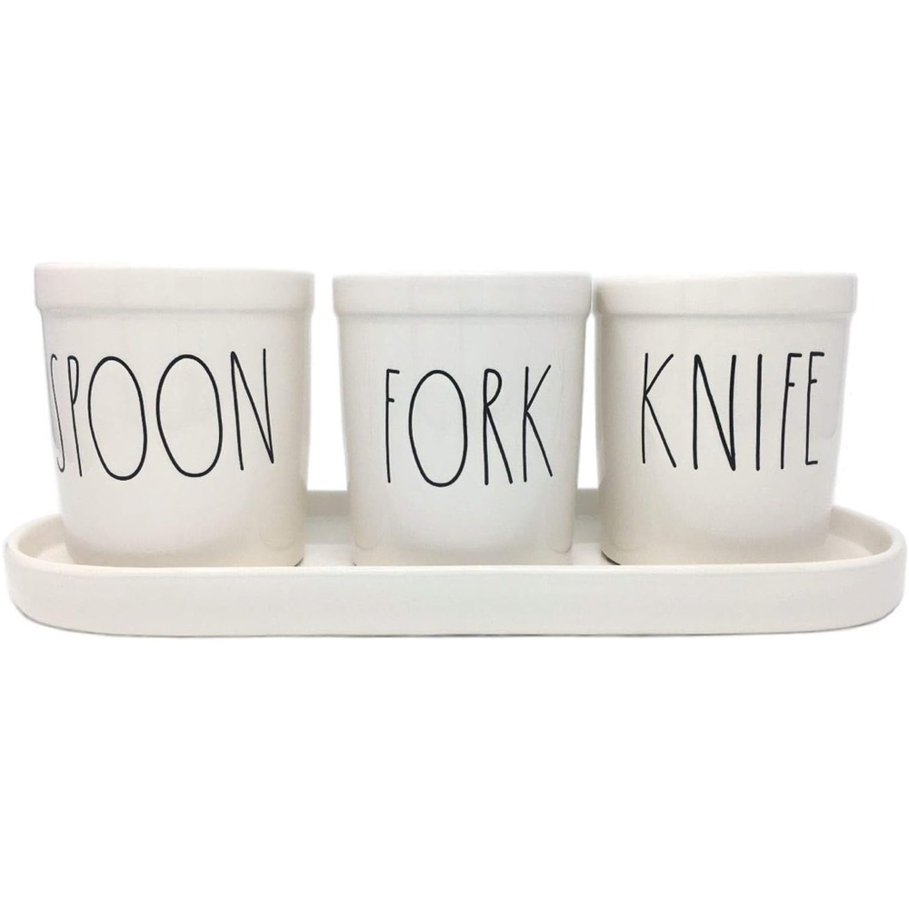 Rae Dunn by Magenta SPOON FORK KNIFE pot set with tray. Large letters!